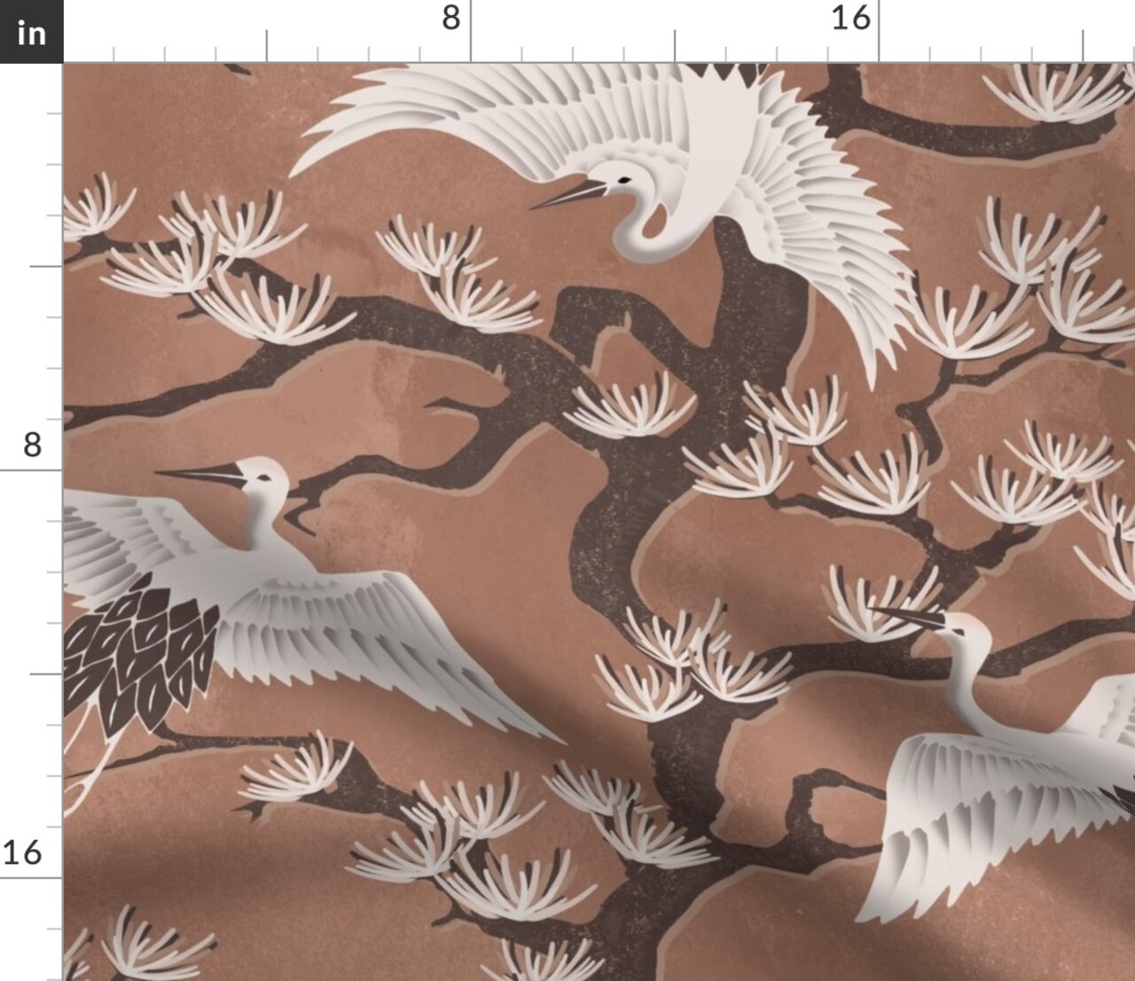 Nature Birds Cranes Chinoiserie Botanical Earth Tone Trees Floral Monochrome In Flight Custom Printed Fabric by Spoonflower Various Fabrics by the Yard or Fat Quarter